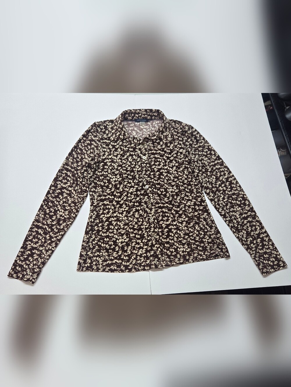Tommy Hilfiger Brown Button-Down Shirt with Cream Leaf Motif